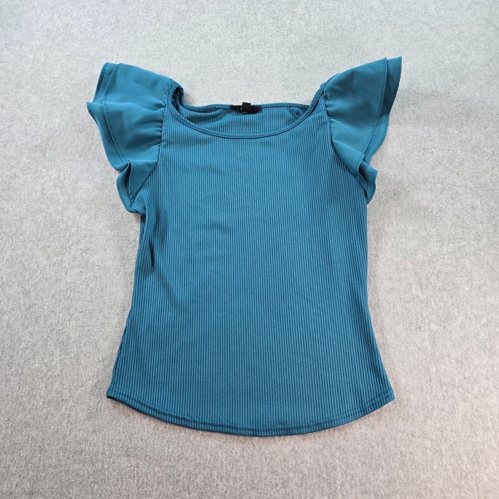 MINE Ribbed Flutter Sleeve Top Teal Blue Square Neck Casual Women's Size S